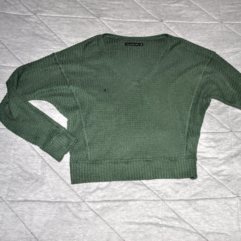 Army green cropped waffle long sleeve